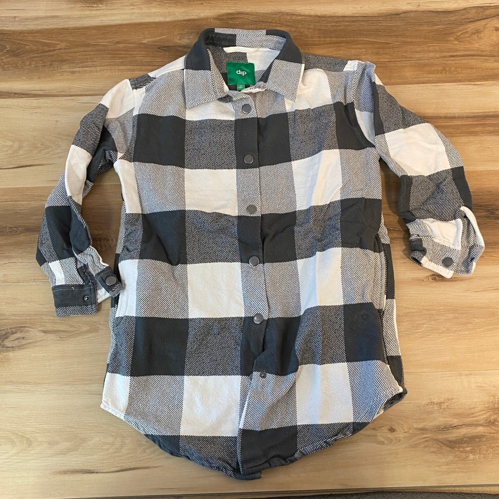 DIP Gray White Plaid Button Down Long Sleeve Shirt Womens XS Flannel